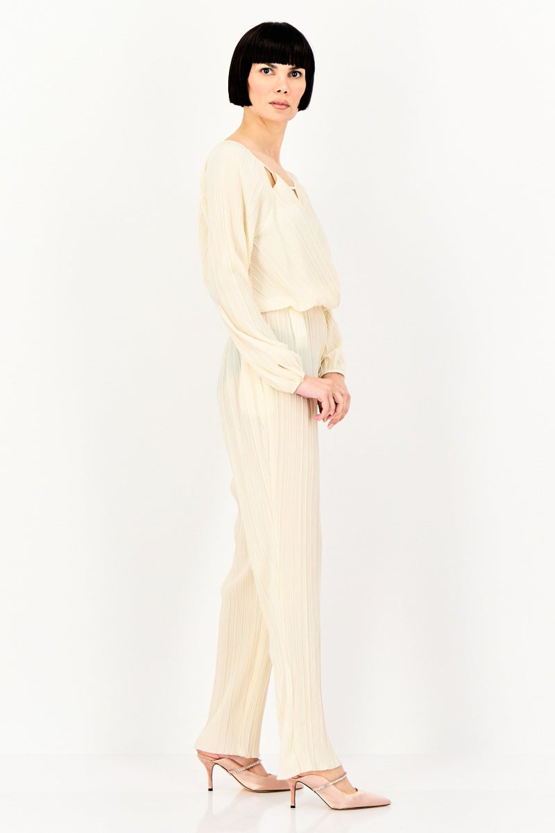 promod Women Textured Long Sleeve Jumpsuit, Beige - Image 4